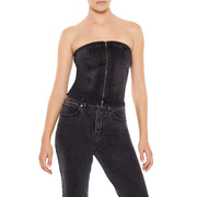 Forever 21 Women's Denim Zip-Front Cropped Tube Top, Black - size Medium