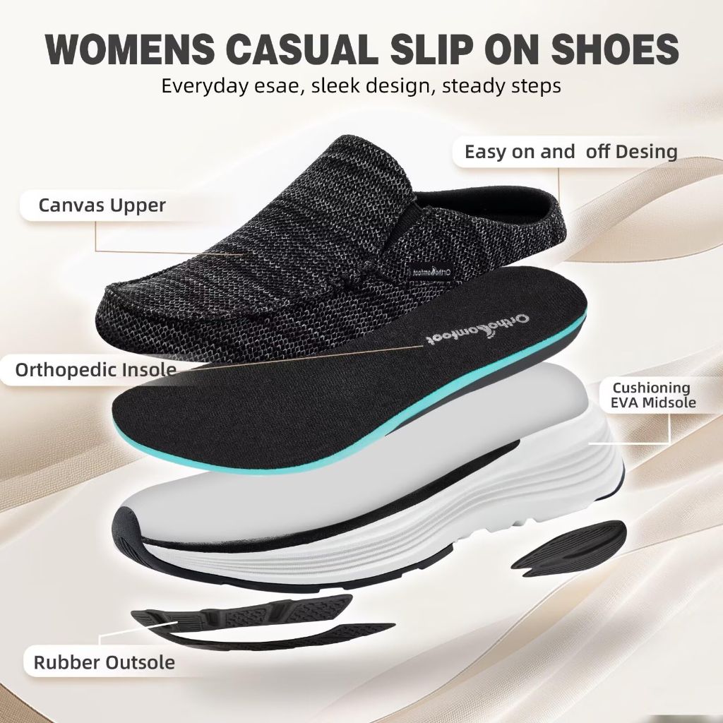 Women's Orthopedic Slip On Slippers Walking Shoes: Comfort Diabetic Foot Pain Relief Flat Feet Tennis Shoes, Skin Friendly Elastic Clogs Outdoor Gowalk Leisure Breathable Loafers Black Size 7