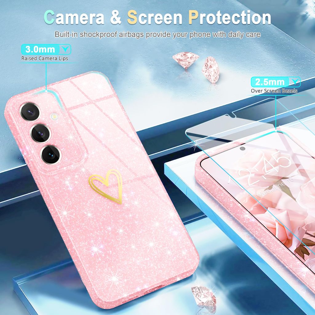 Qviskteme for Samsung Galaxy S24 Case, S24 Clear Case,[Not-Yellowing] with [1X Tempered Glass Screen Protector],Glitter Bling Sparkly Slim Fit Shockproof Phone Cases for Galaxy S24 (Rose Gold)
