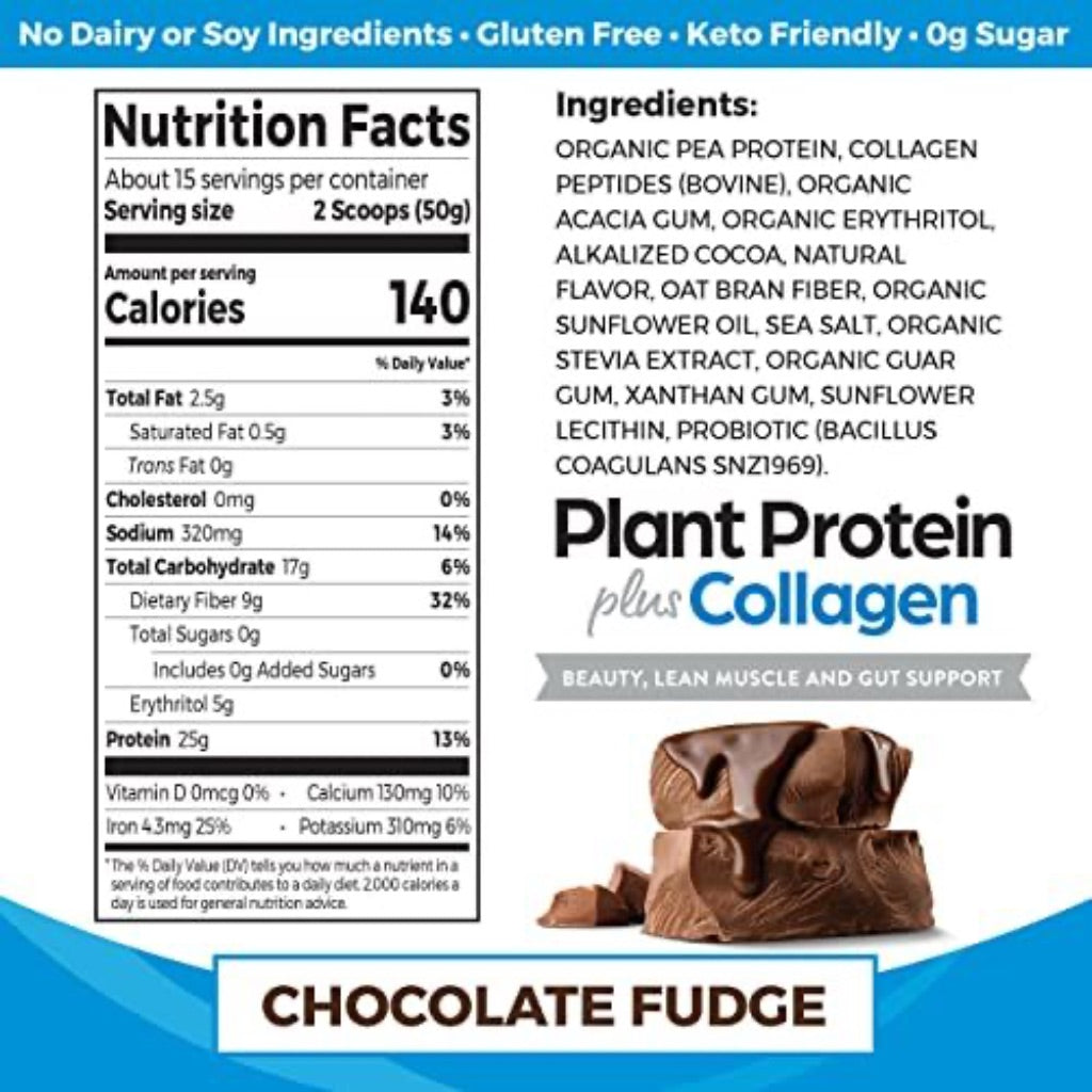 Orgain Plant Protein + Collagen Powder, Creamy Chocolate Fudge, 1.6lb (15 Servings)