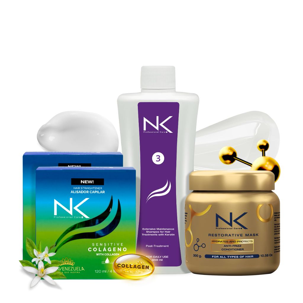 NK 4-Step Keratin Hair Treatment Set  – Includes Shampoo & Repair Mask – All Hair Types (8oz)