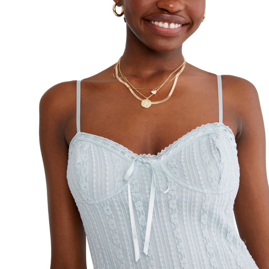 Aeropostale Women's Floral Lace Trim Dress with Removable Strap, Blue, Medium