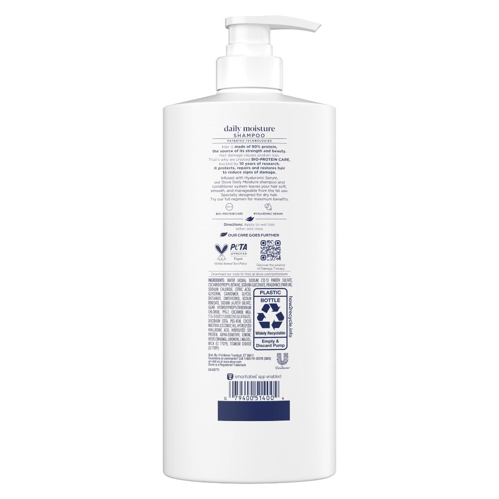 Dove Damage Therapy Shampoo Daily Moisture for Dry Hair with Bio-Protein Care Technology and Hyaluronic Serum, 28 Fl Oz