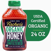 Fischers Honey Organic 24oz Honey  USDA Certified Organic  Local  Raw and Unfiltered  Squeeze Bottle  Gluten-Free