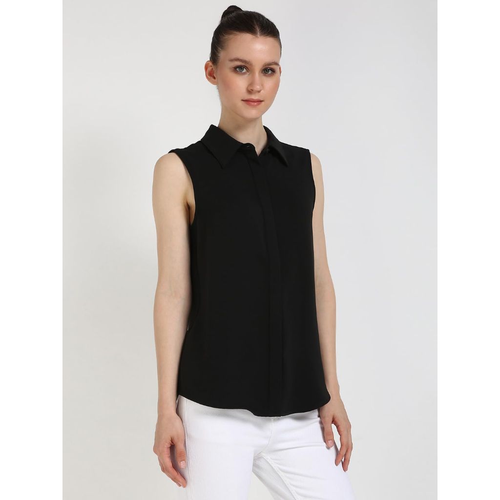 Calvin Klein Women's Crepe Sleeveless Button-Down Top, Black, X-Small