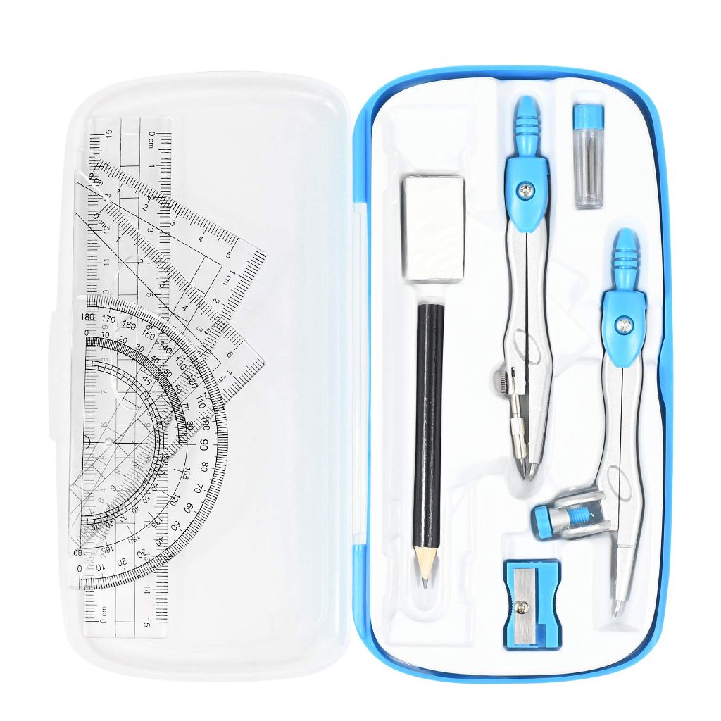 Vobou Math Geometry Kit Sets 10 Piece Student Supplies with Shatterproof Storage Box, (Blue）
