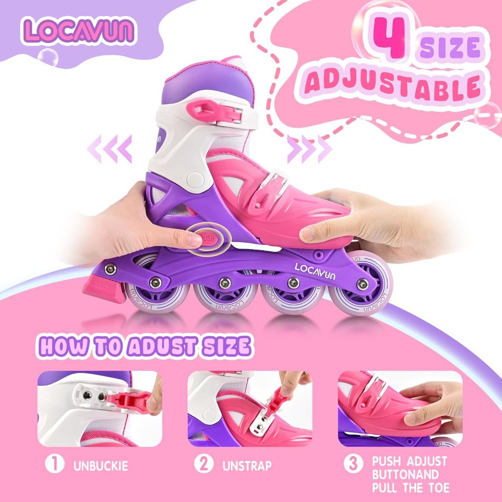 LOCAVUN Girl's Inline Skates with 4 Size Adjustable Light up Wheels - Pink/Purple, Medium - (US 13C-3Y)