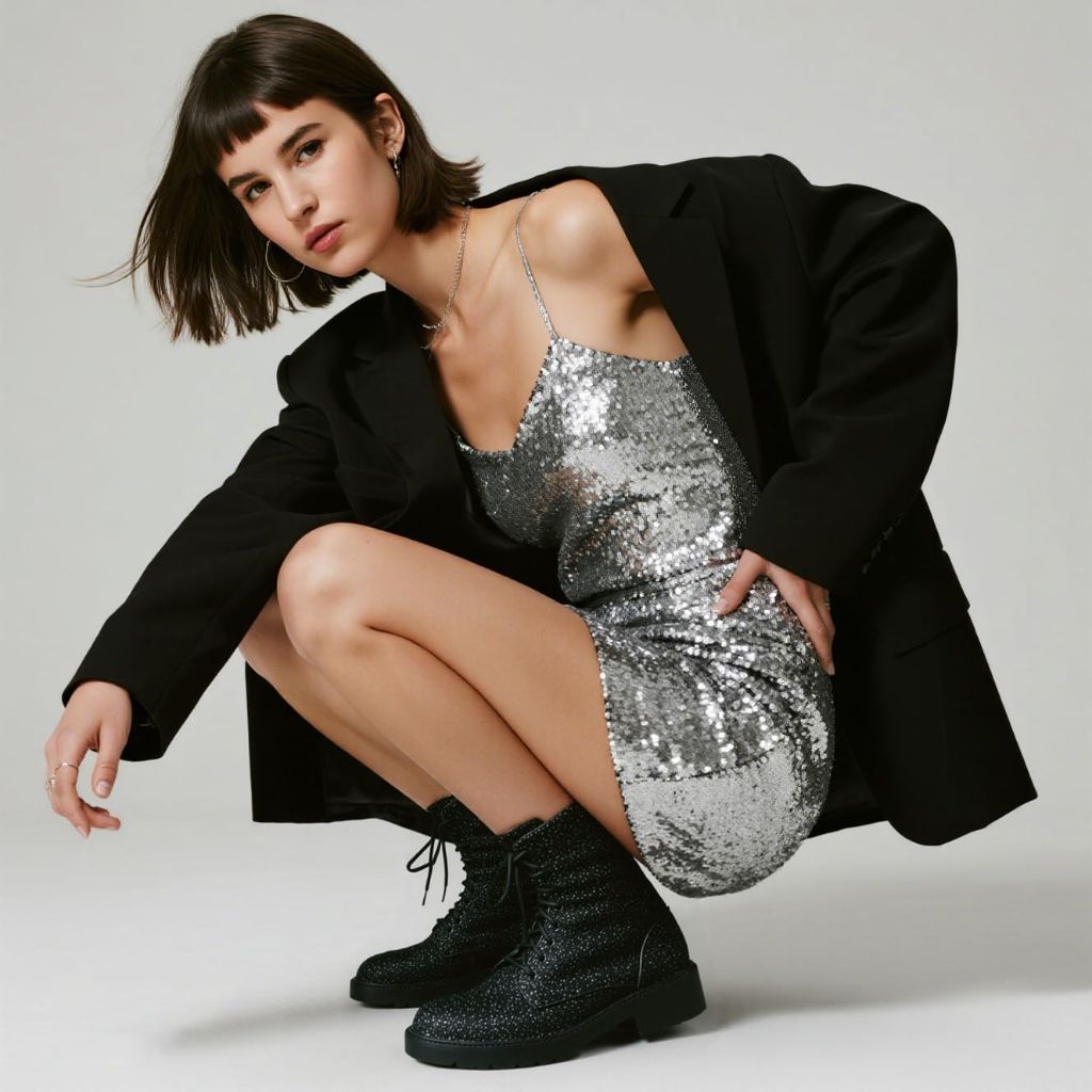 YIYA Women's Black Sparkly Glitter Sequin Combat Boots Round Toe Chunky Low Heel Side Zipper Lace Up Ankle Flat Booties
