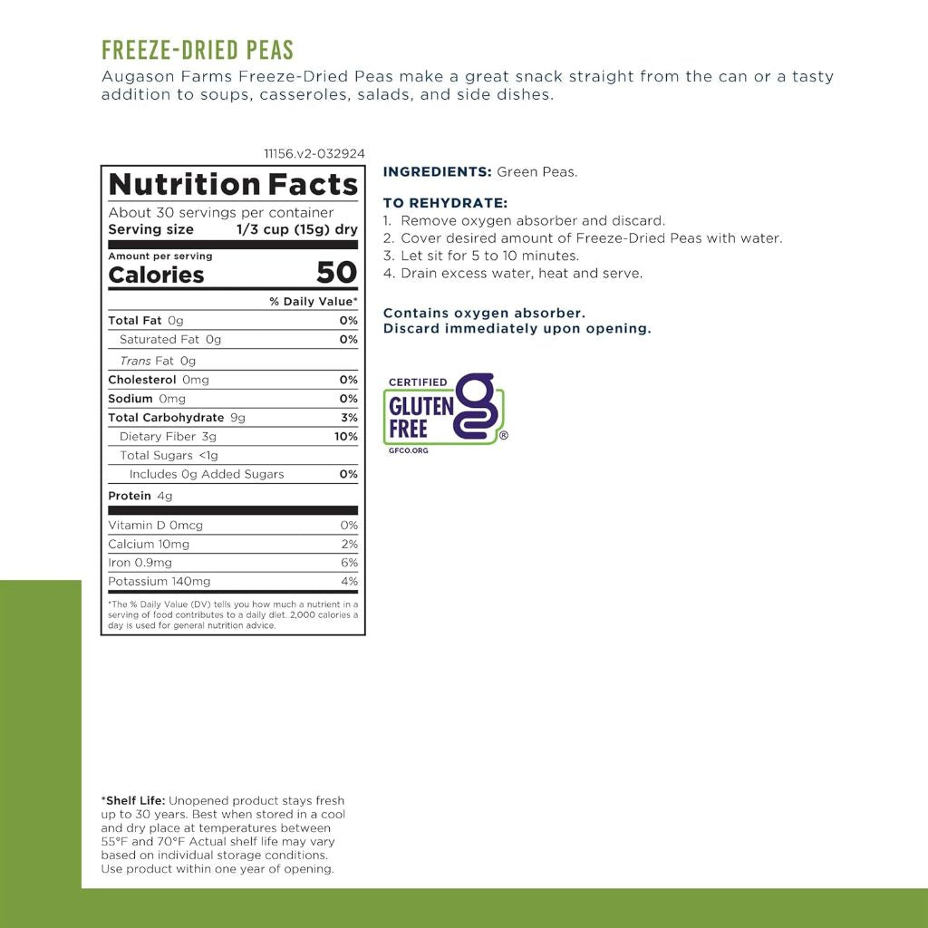 Augason Farms Freeze-Dried Peas, Emergency Food Supply, 16 oz (30 Servings)