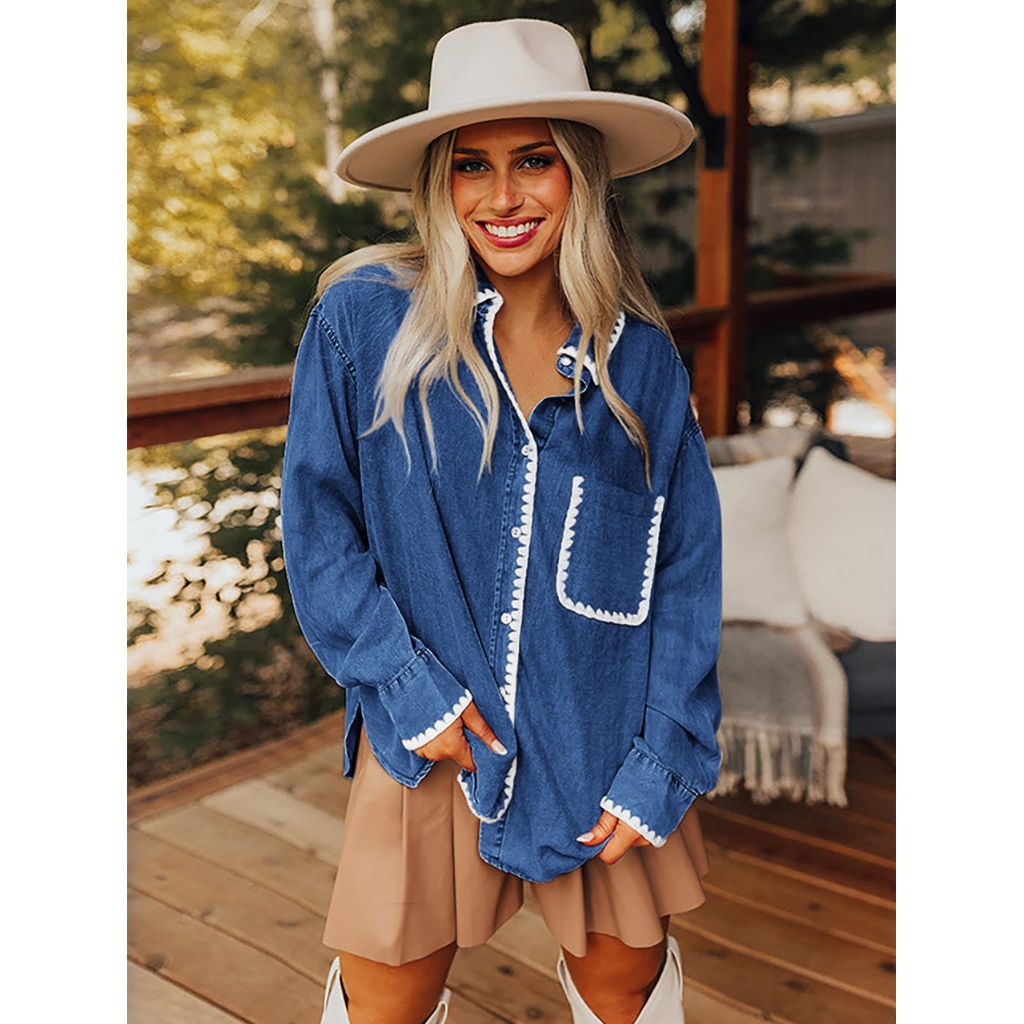 Casual Denim Shirt Women Button Down Blouses Oversized Long Sleeve Jean Shacket M