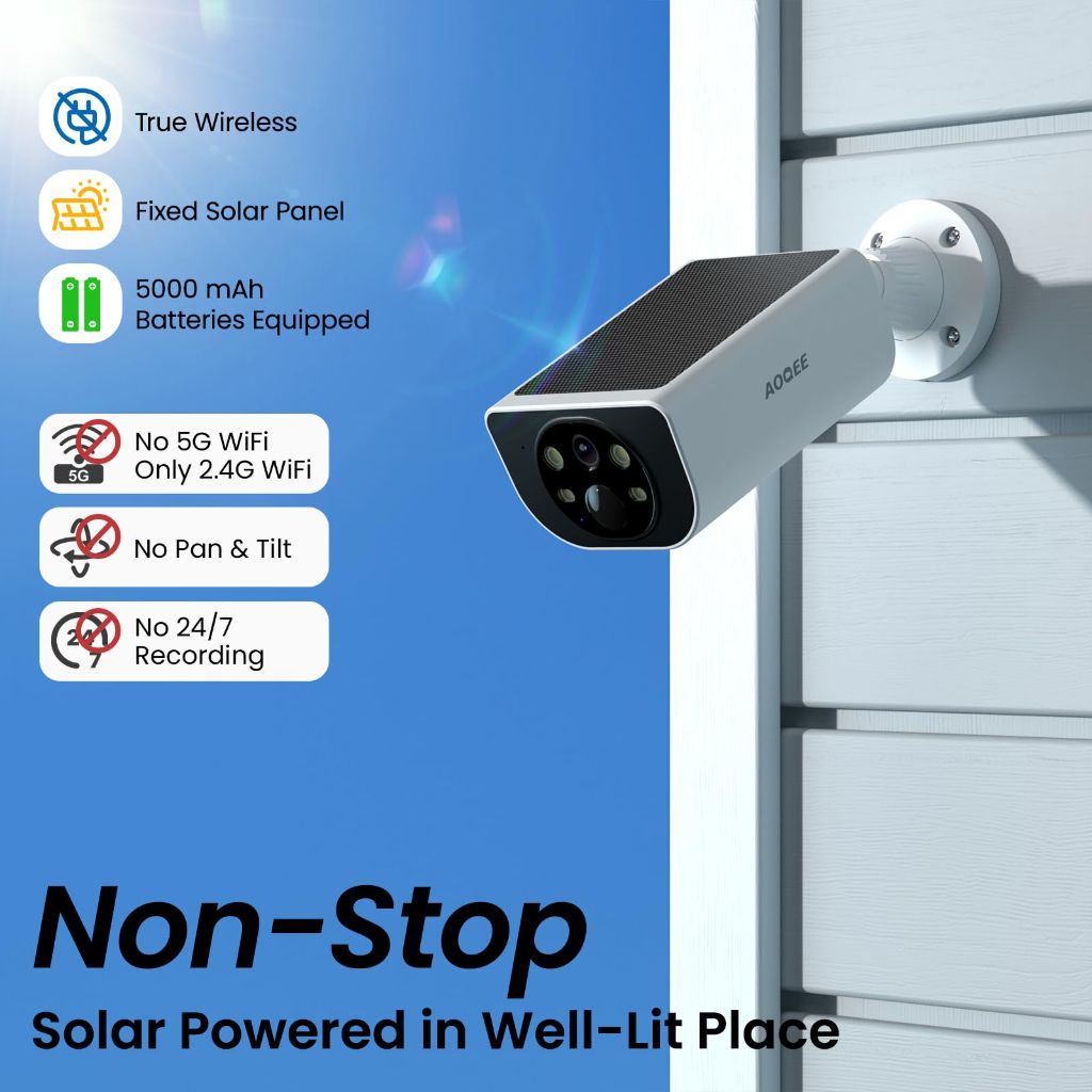 AOQEE Security Cameras Wireless Outdoor-2.4Ghz WiFi Home Security Cameras with built-in Solar Panel, 2K Color Night Vision, Cloud Storage (optional), PIR Detection, Waterproof, Works with Alexa, S1 2P