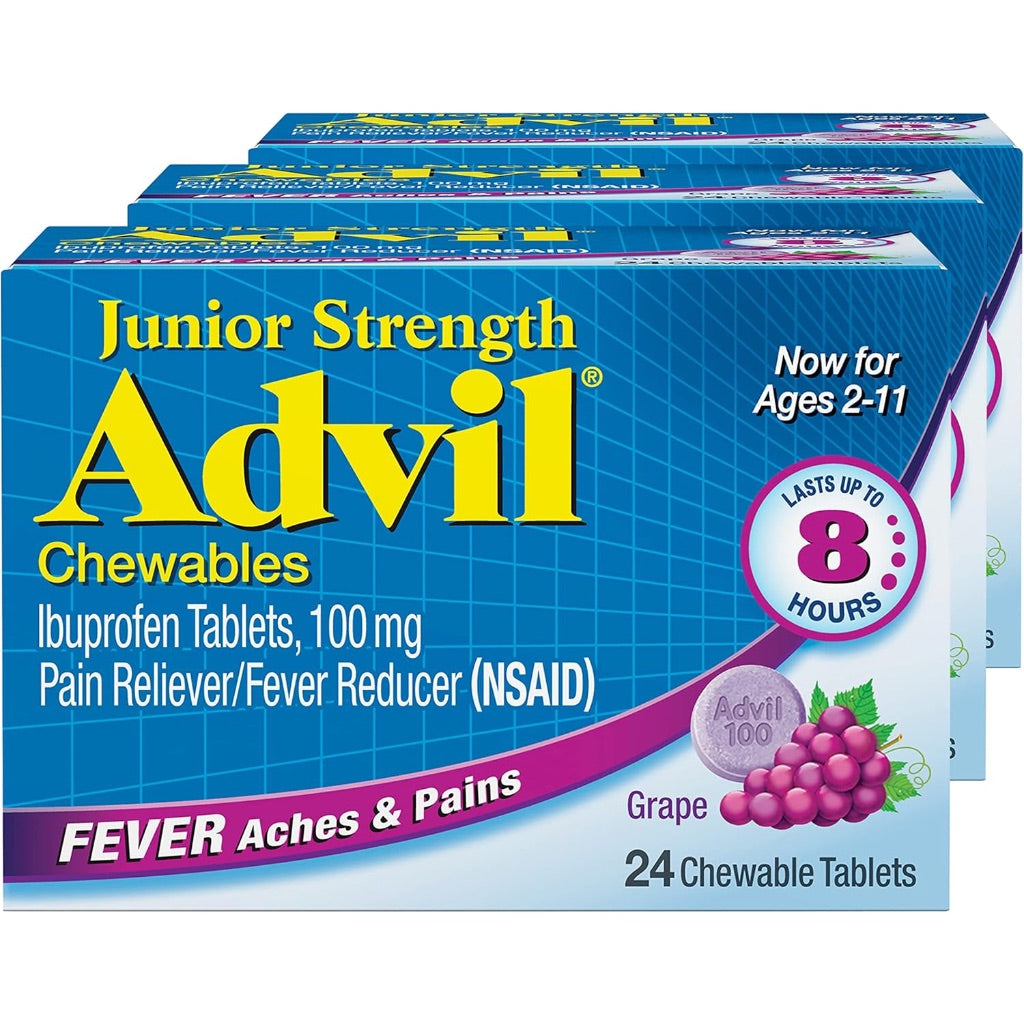 Advil Junior Strength Chewable Ibuprofen Pain Reliever and Fever Reducer, Grape - 24 Tablets (3 Pack)