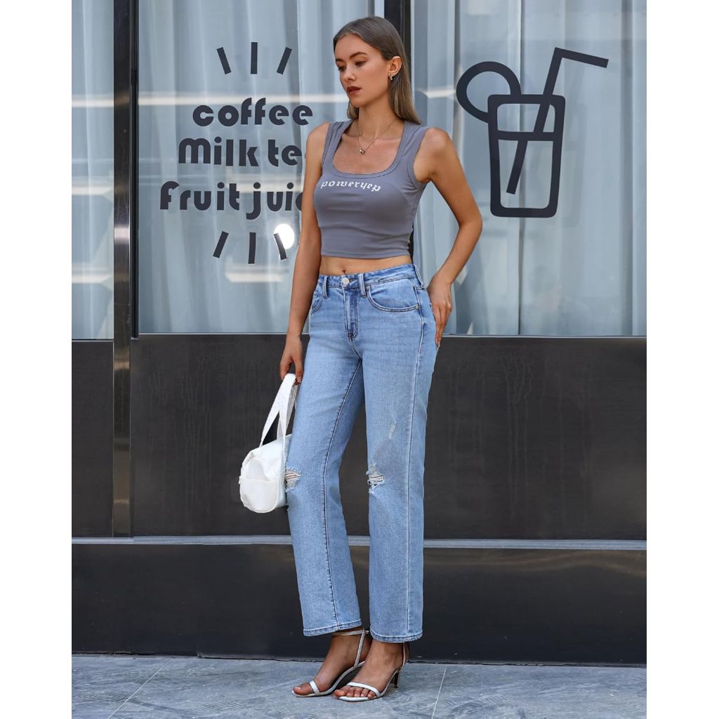 OFLUCK Women's Wide Leg Jeans Mid High Waisted Boyfriend Jeans Straight Leg Loose Fit Denim Pants