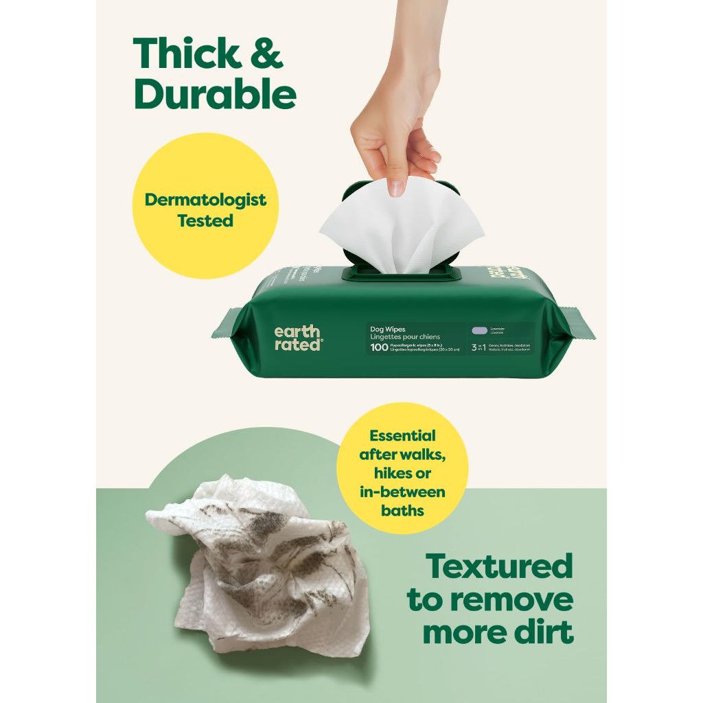 Earth Rated Dog Wipes, for Grooming Paws, Body and Butt, Lavender Scented, 100 Count