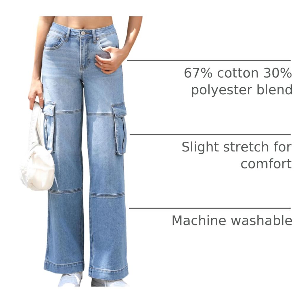 OFLUCK Women's Cargo Jeans High Rise Casual Loose Fit Wide Leg Denim Pants, Light Blue, 10 Small
