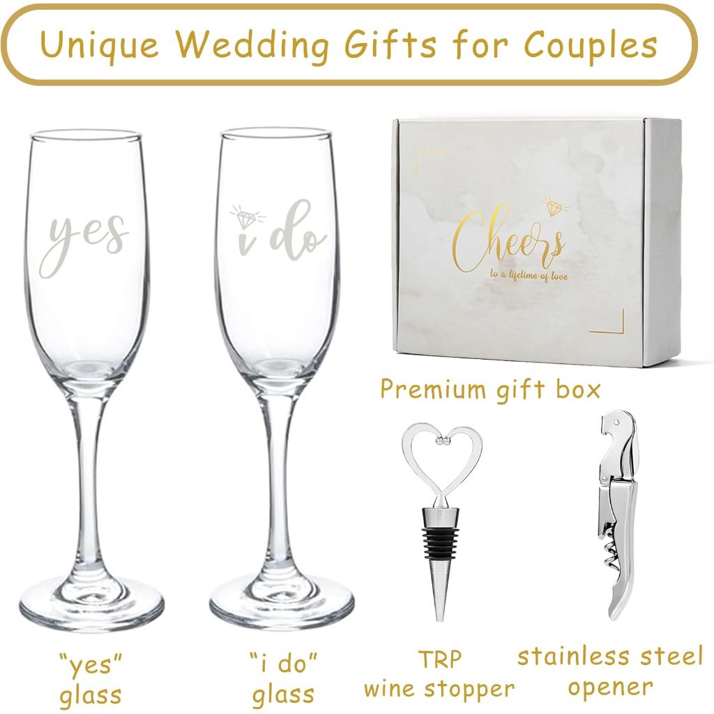 Wedding Champagne Flutes Glass Set with Wine Stopper and Opener - "Yes I do"