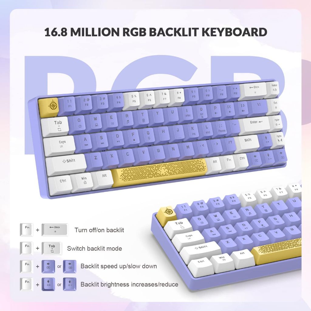 T8 60% Mechanical Gaming Keyboard,68 Keys TKL Compact Layout Mini Wired Keyboard,18 Chroma RGB Backlit, Pro Custom Coiled USB-C Cable,for PC,Mac,PS4,Xbox-Purple