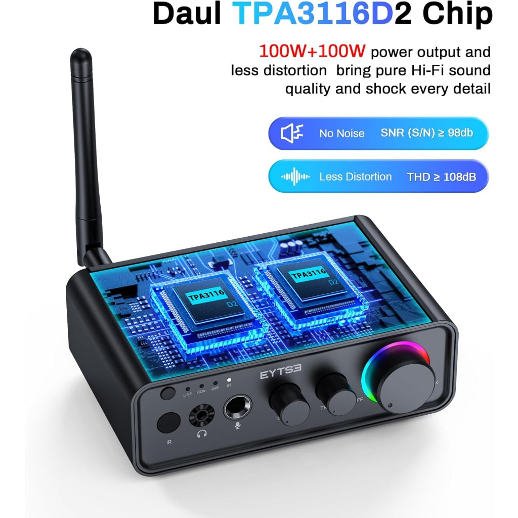 Stereo Amplifier HiFi Class D Audio Receiver Amp 100Wx2 2.1 Channel Digital Amplifier Home Audio TPA3116, w/RCA/Optical/Coaxial/Mic Input for Home Outdoor Passive Speaker/Active Speaker