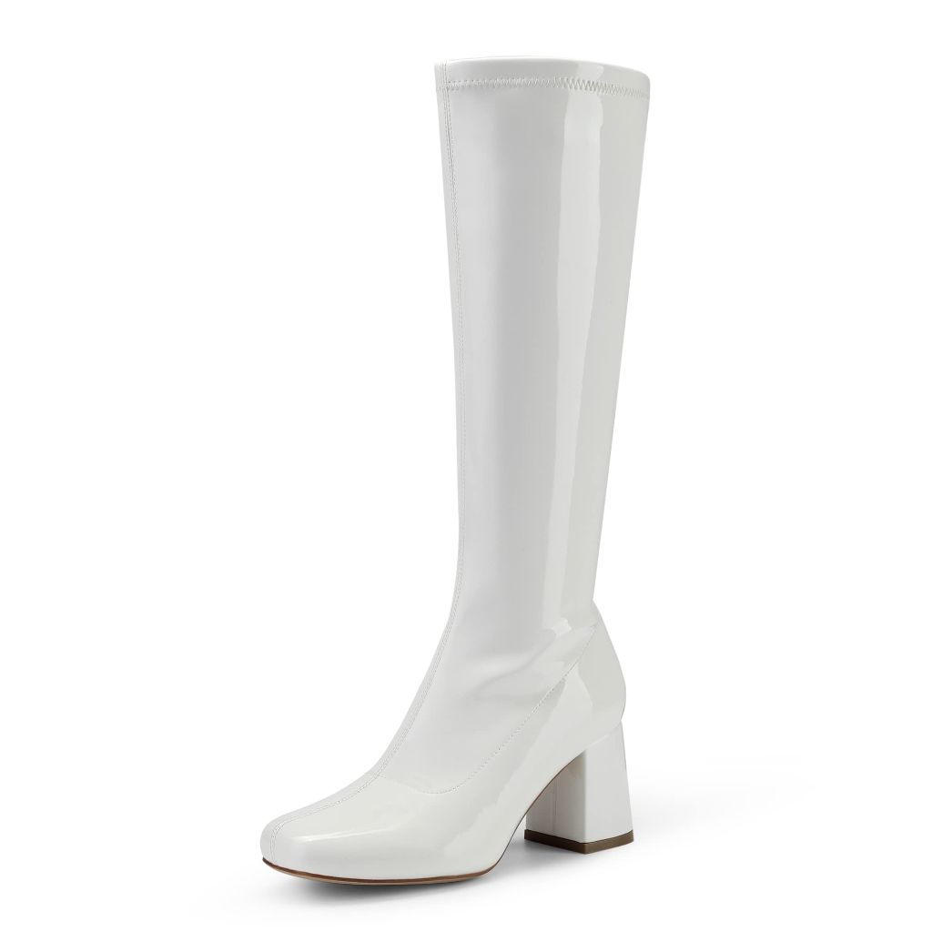 DREAM PAIRS Women's Gogo Boots Square Toe Chunky Wide Calf Knee High Boots,Size 7W,White,DWUWKB2503