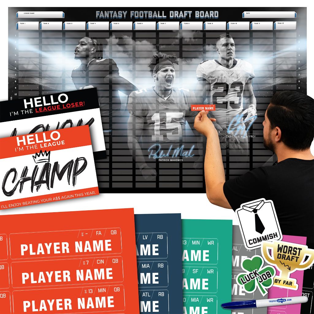 TrophySmack 2026 Fantasy Football Draft Board Kit - 12, 10, 8 Team - 500+ Player Labels - 24 Rounds