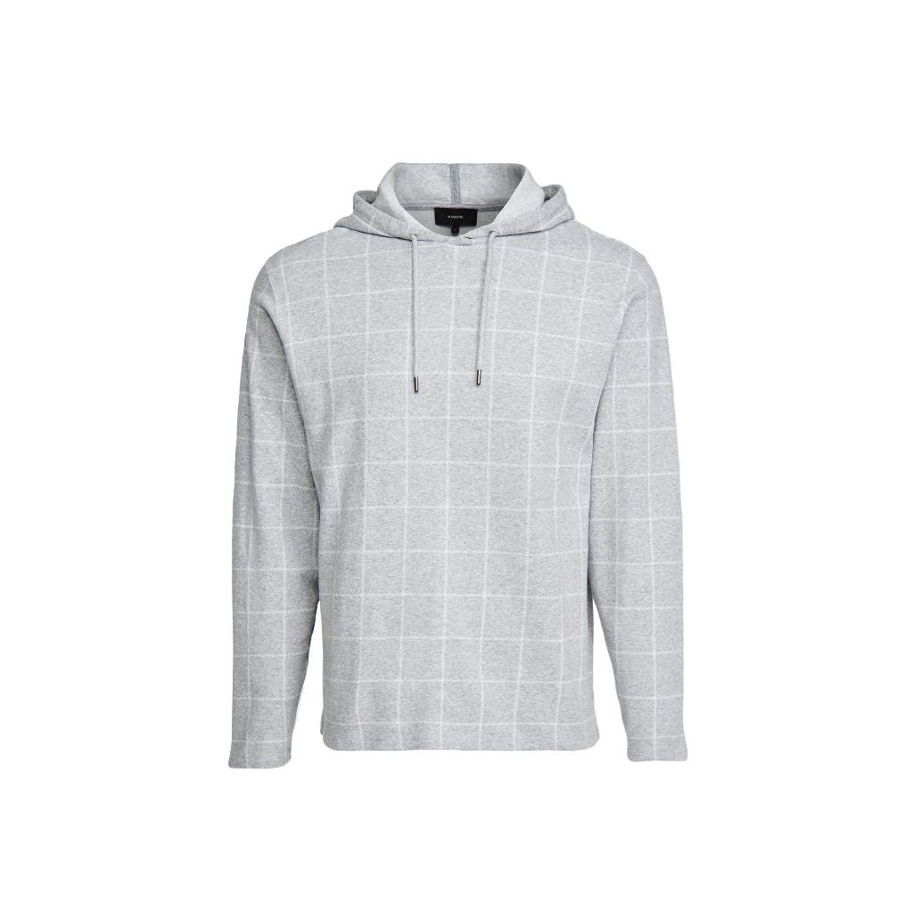 Vince Mens Windowpane Plaid P/O Hoodie, Grey/Leche - size XS