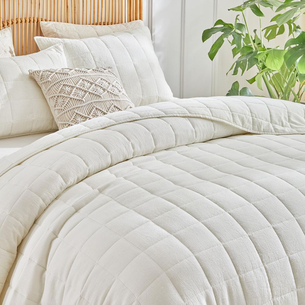 WARMDERN Linen 100% Cotton Quilts Set King Size, Cream White, 106x96