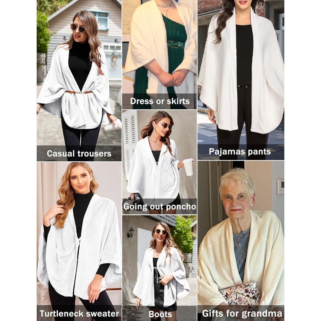 Ekouaer Flannel Faux Poncho for Women Lightweigh Blanket Warm TV Shawl Winter Coat Sweater Cape - Large