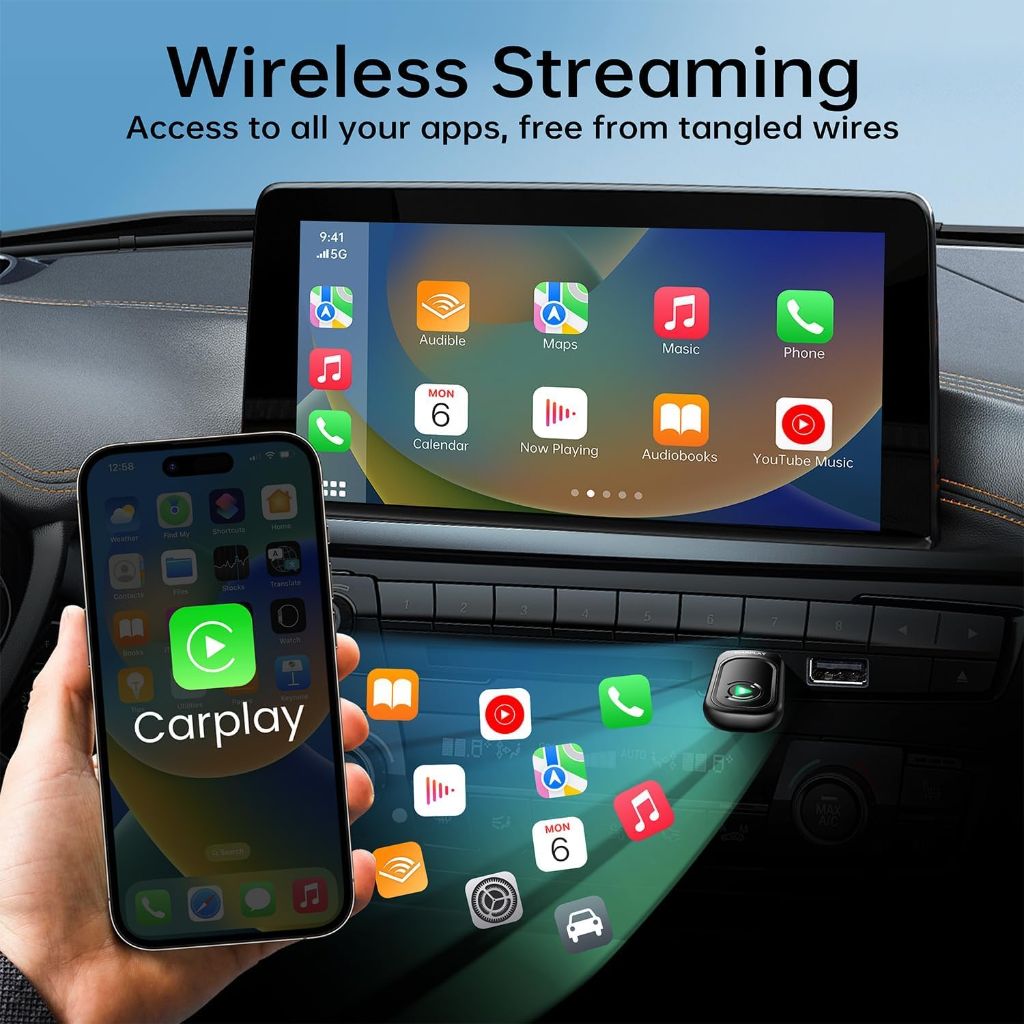 MuxeSKY Carplay Wireless Adapter, Converts Wired to Wireless Carplay Dongle | Black