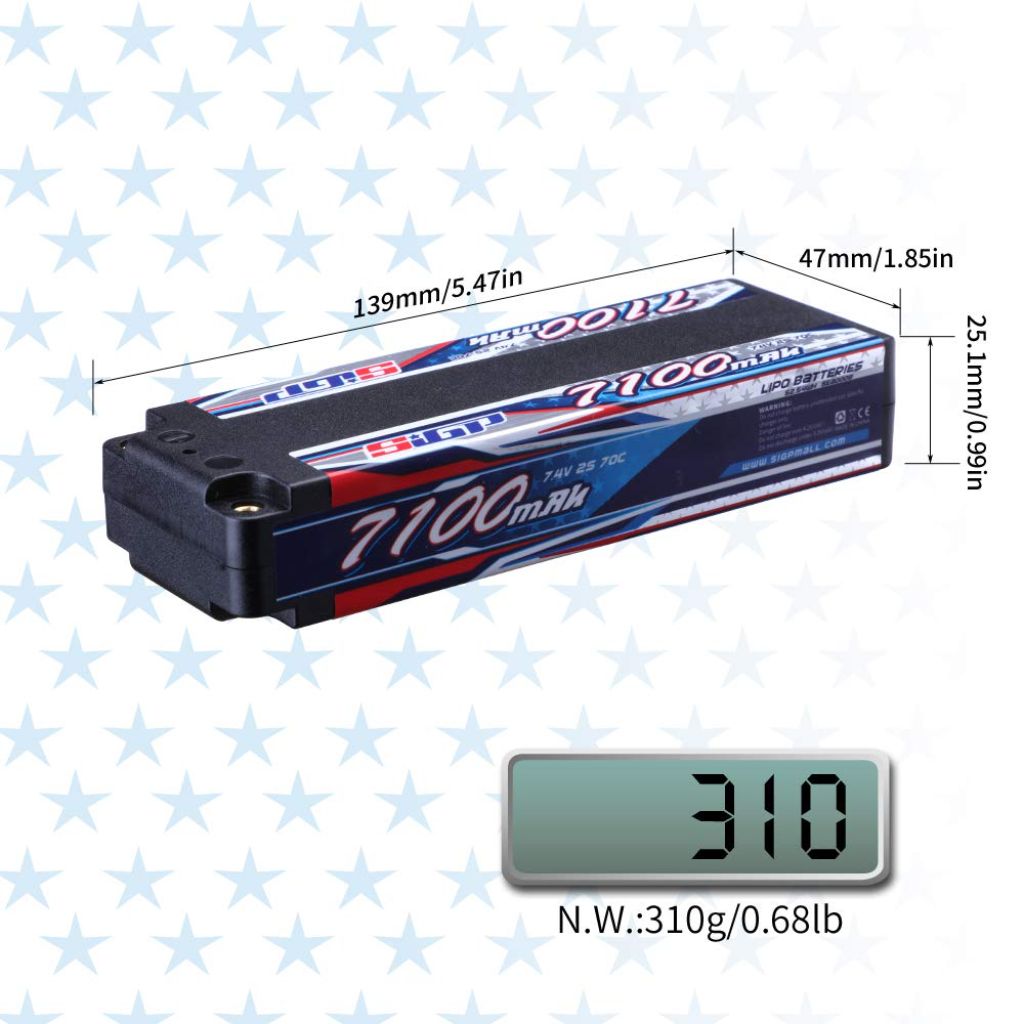 SIGP -  7100mAh 2S 70C 7.4V Lipo Battery Hard Case with 4mm Bullet for RC Vehicle Car Truggy Truck Racing Model
