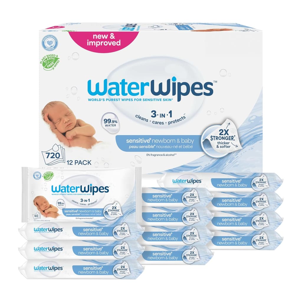 WaterWipes Sensitive+ Newborn & Baby Wipes - Unscented & Hypoallergenic, 99.9% Water - 720ct (12 Packs of 60 Wipes)