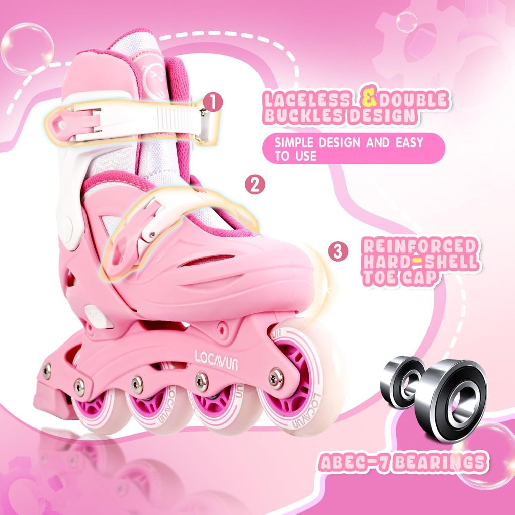 LOCAVUN Girl's Inline Skates with 4 Size Adjustable Light up Wheels - Pink/White, Small (US 9C-12C)