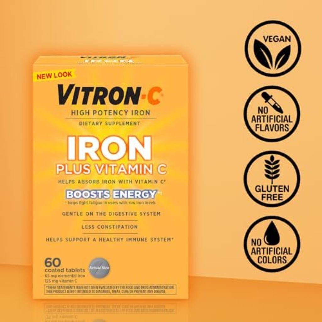 Vitron-C Iron Supplement Plus Vitamin C for Immunity Support - 60 Tablets (2 Pack)
