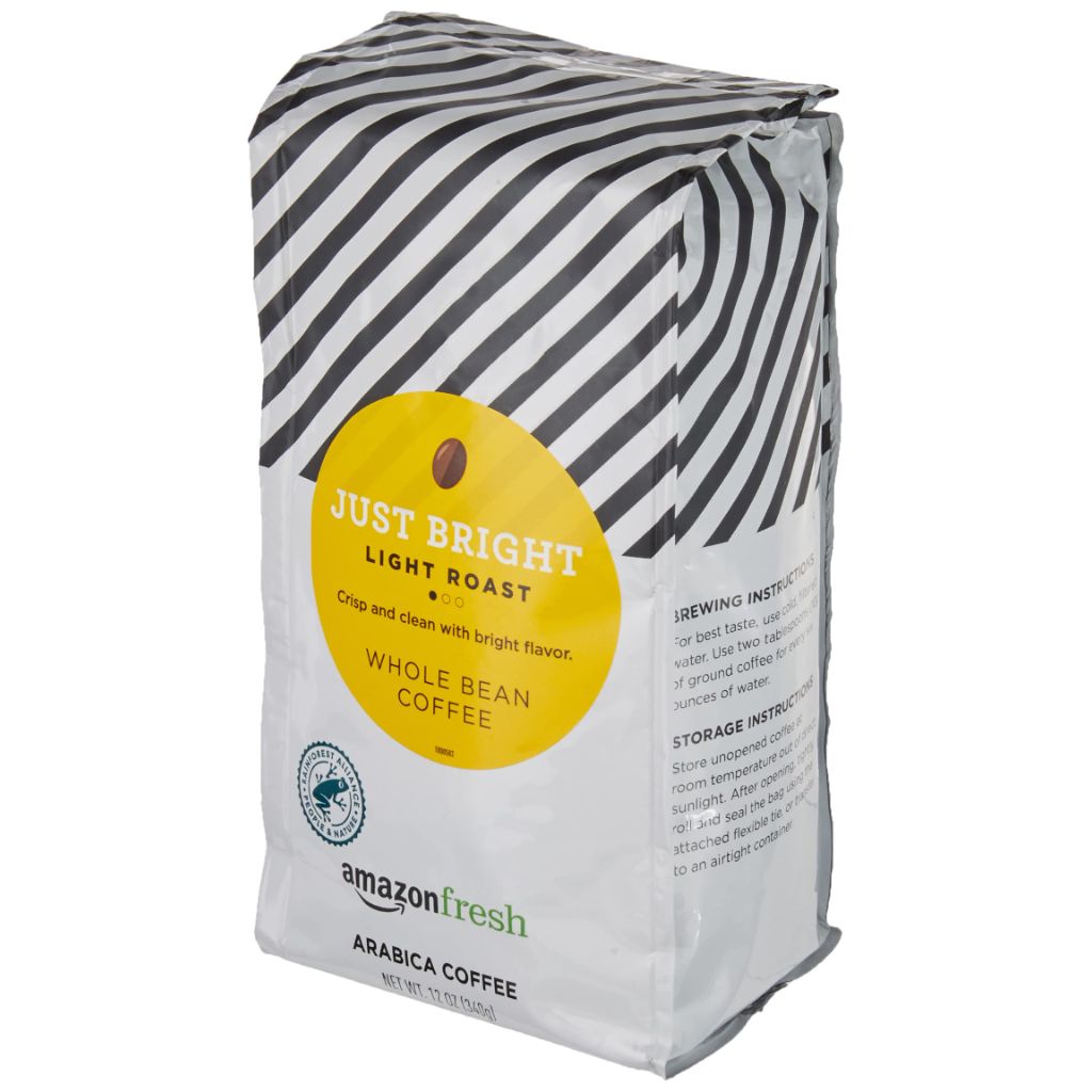Amazon Fresh, Just Bright Whole Bean Coffee, Light Roast, 12 Oz
