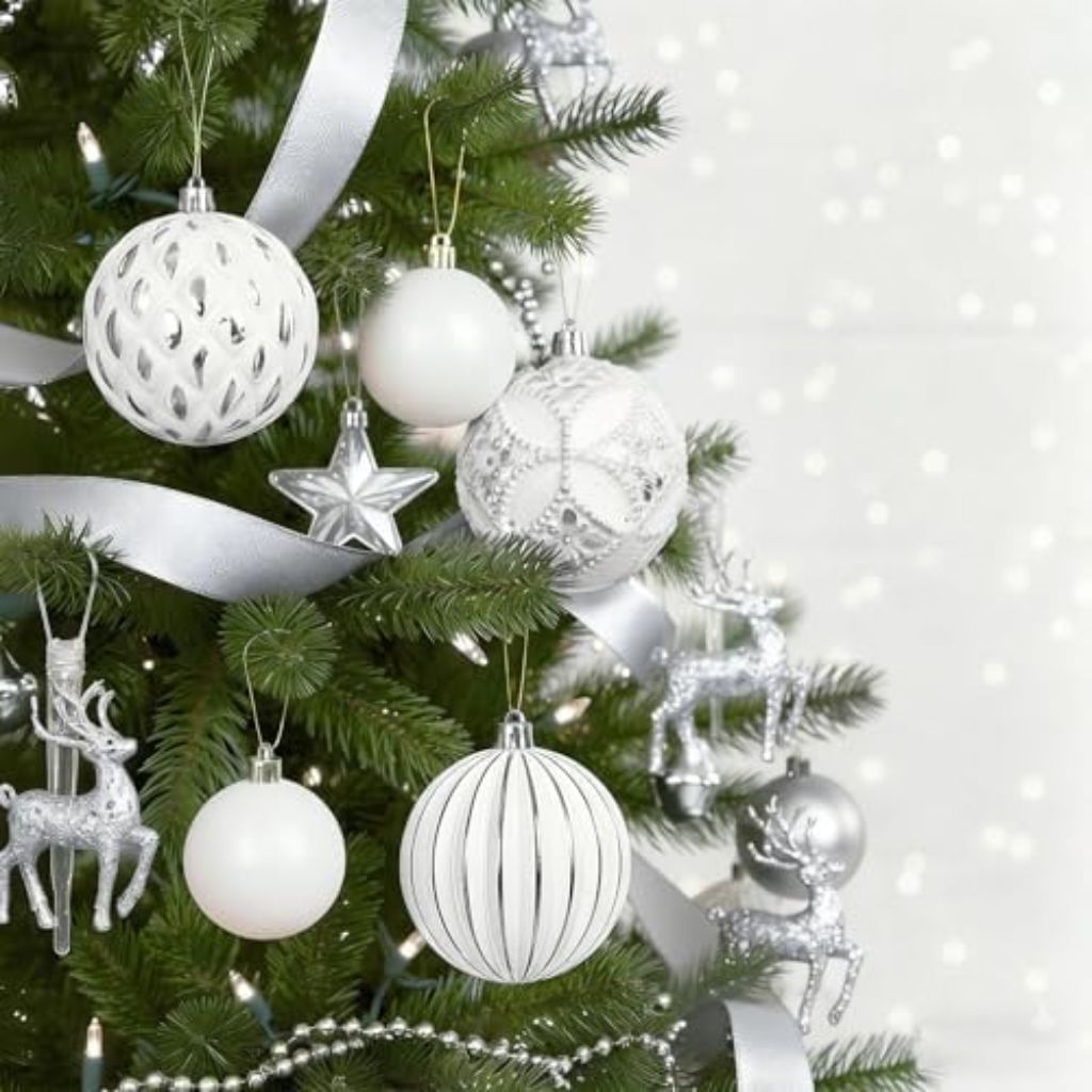 XmasExp Vintage Rustic Christmas Ball Ornaments Sets - Silver White, 6Pcs