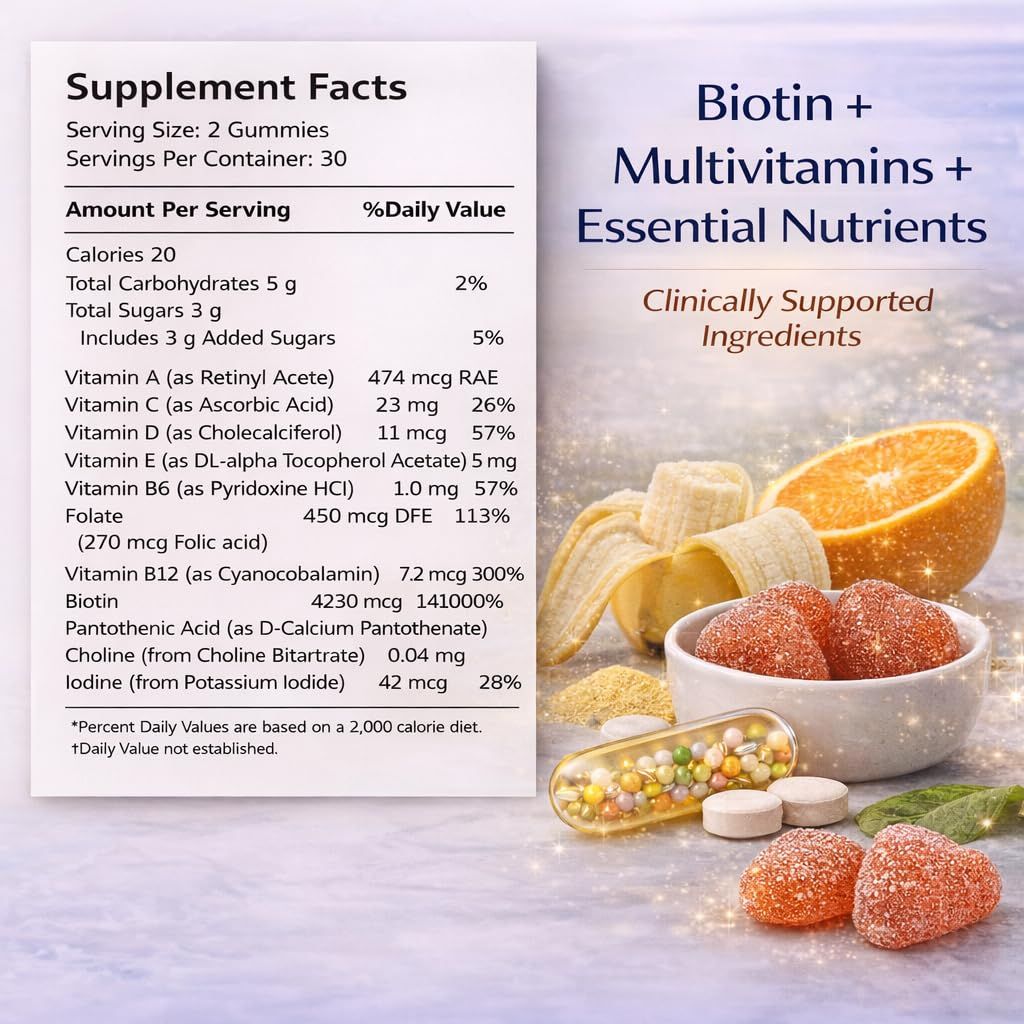 PUTRIZEN Biotin Gummies for Stress Hair Thinning – Strawberry Gummies, 60 Count