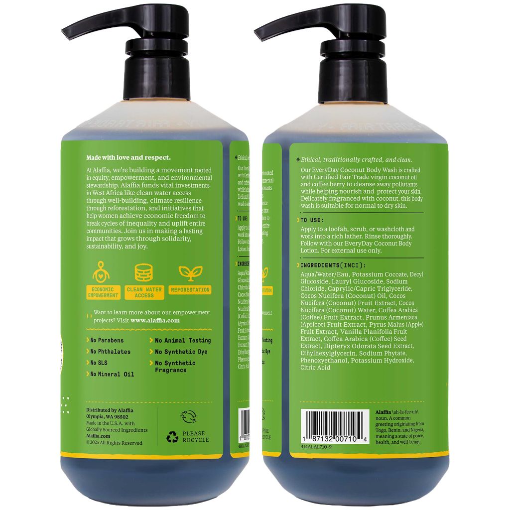 Alaffia Body Wash, EveryDay Coconut – Purely Coconut Gentle Skin Cleanser for Normal to Dry Skin, 32 Oz