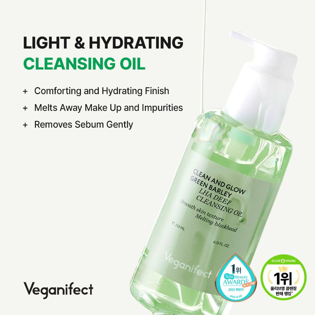 VEGANIFECT Green Barley Light Cleansing Oil, Korean Vegan Skin Care, 6.93 Fl Oz