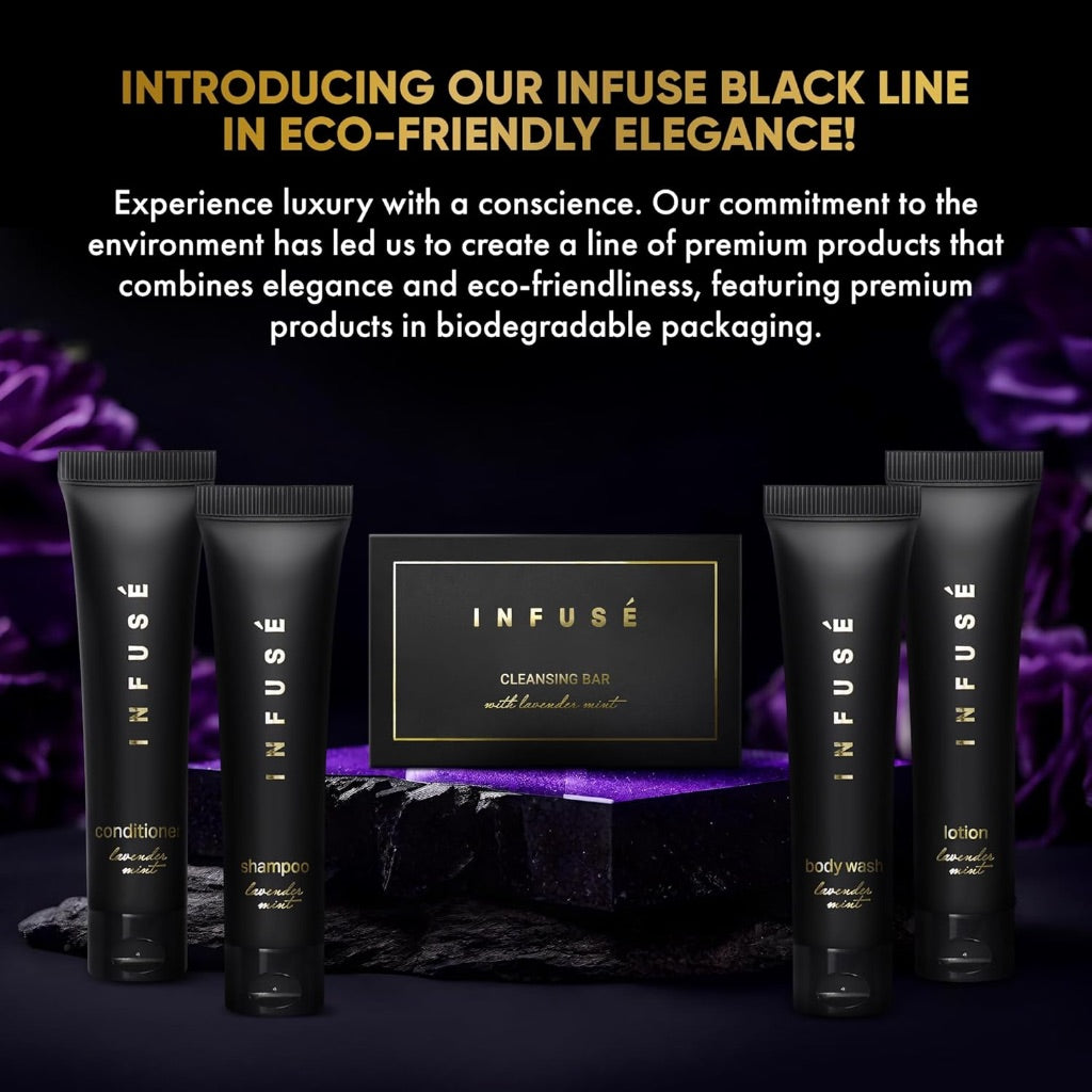 Infuse Black Soaps & Toiletries Bulk Set, 1 oz Shampoo, Conditioner, Body Wash, Lotion, 1.25 oz Cleansing Bar, Lavender Mint - 75 Pieces