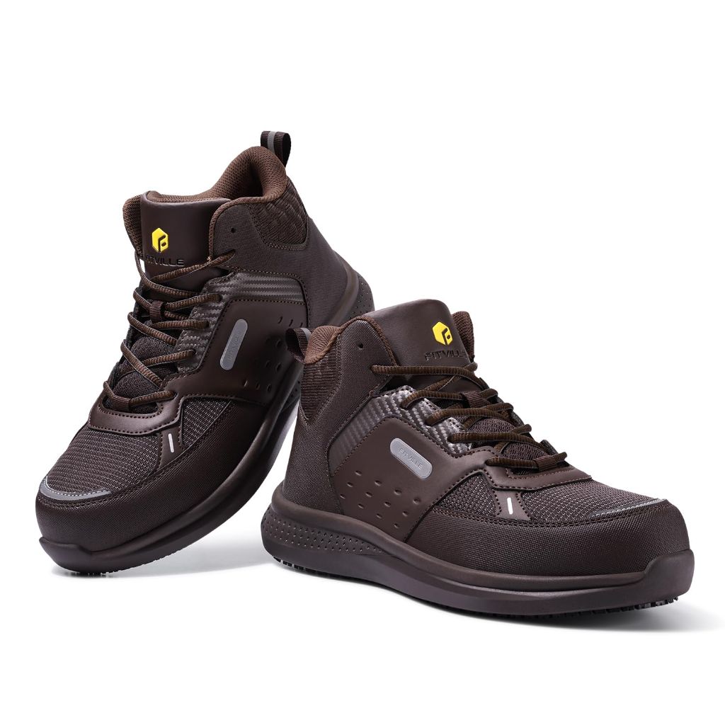 FitVille Wide Work Boots for Men Composite Toe Safety Work Shoes Slip-Resistant Work Boots Waterproof Lightweight - SteelCore (Brown, 8.5 Wide)