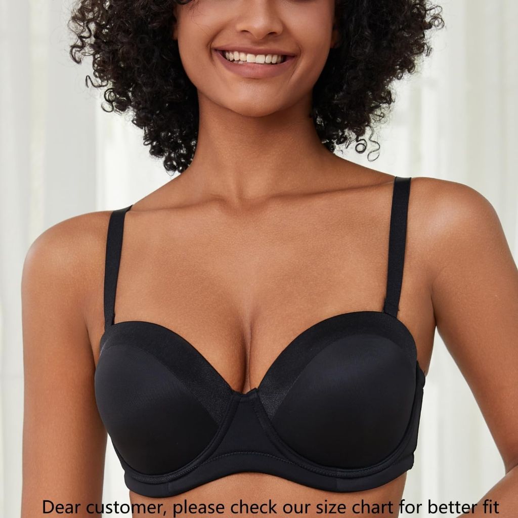 SEA BBOT Women Strapless Bra Non-Slip, Plus Size, Shiny Black, 38D