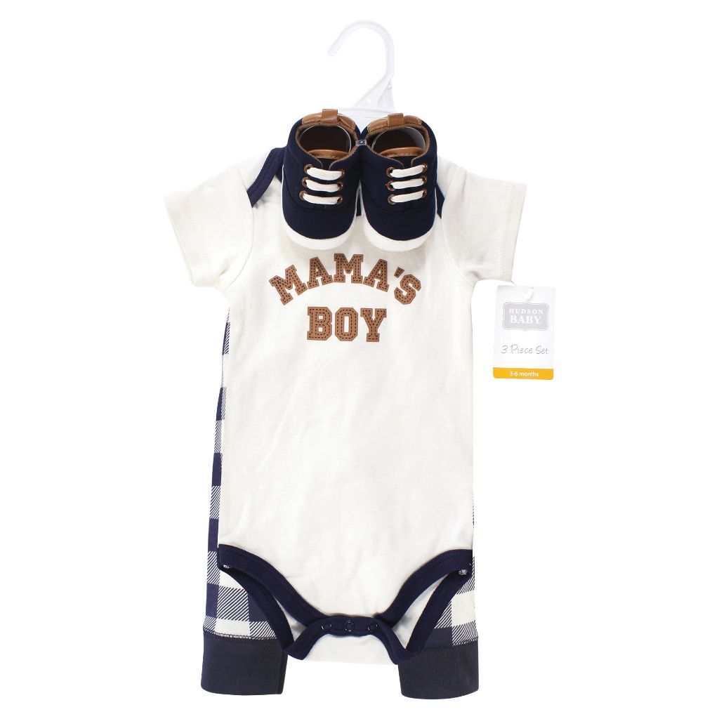 Hudson Baby Unisex Baby Cotton Bodysuit, Pant and Shoe Set, Brown Navy - size 18 Months