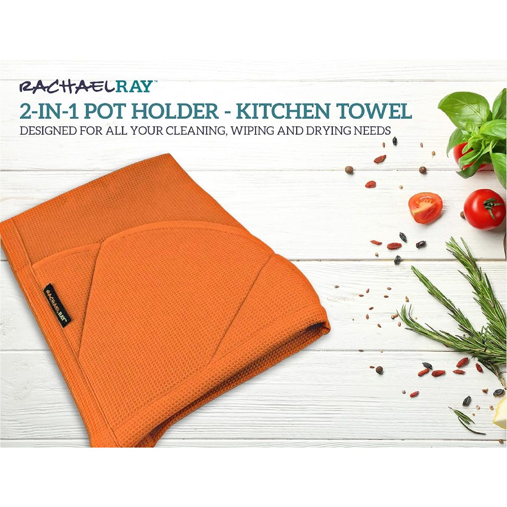 Rachael Ray 2-in-1 Ultra Absorbent Kitchen Towel with Heat Resistant Oven Glove, Burnt Orange, 2 Pack