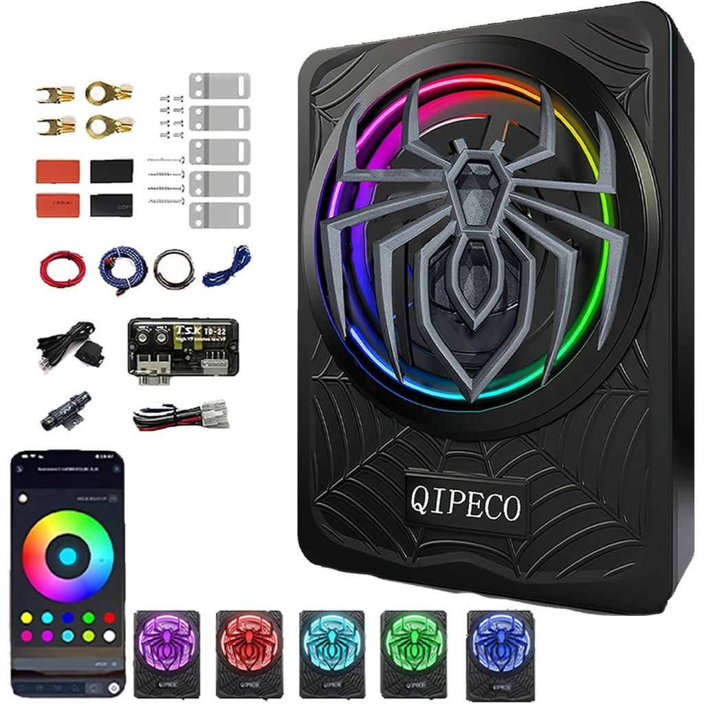 10" 1200W Slim Underseat Powered Car Subwoofer and Amp Package with RGB Beat-Synced Light, Built in Amp Individual Control for Low Pass/Gain/Boost Bass for Truck/SUV/Jeep/MPV