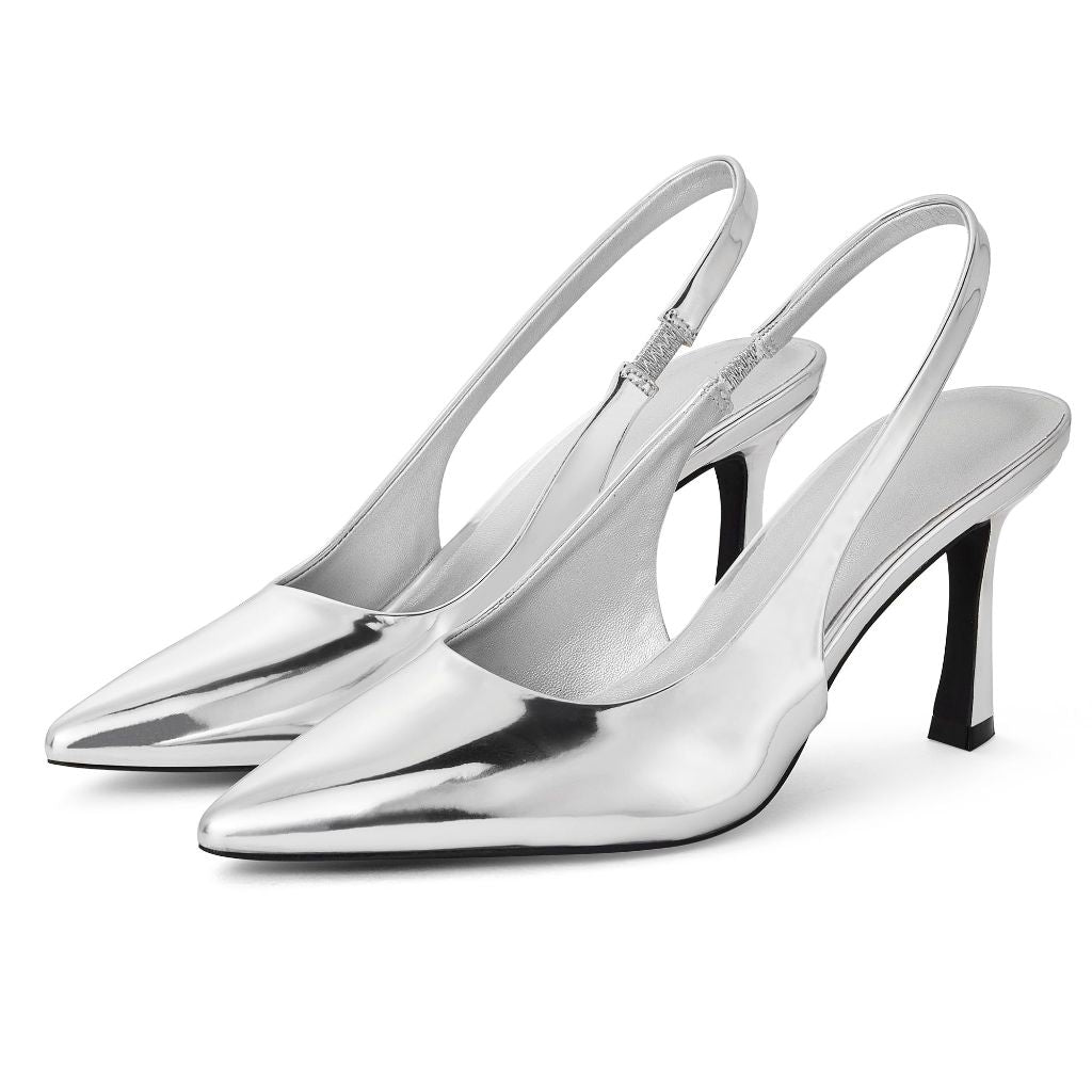 GENSHUO Women's Slingback Heels, Metallic Silver - size 9