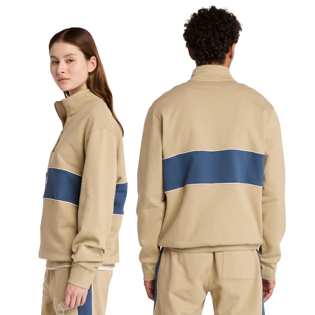 Timberland Men's Cut and Sew Quarter Zip Jacket, Lemon Pepper-Dark Denim, XX-Small