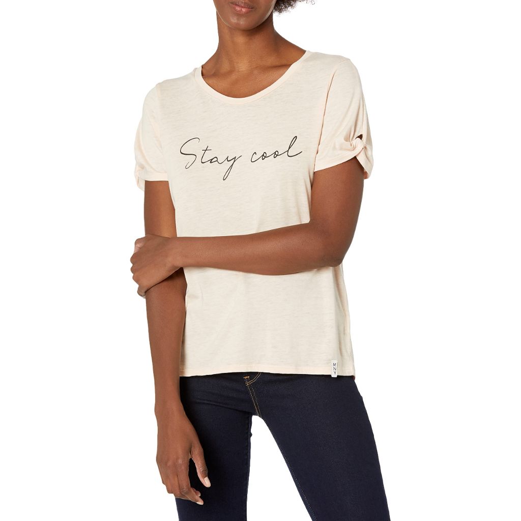 Andrew Marc Women's Washed Twisted Graphic Short Sleeve tee, Bermuda Sand, Small
