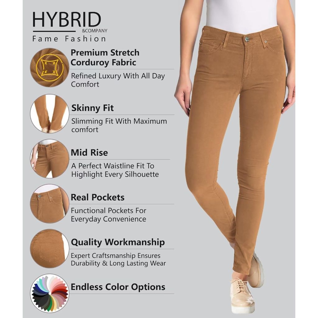 Hybrid & Company Super Comfy Stretch Women 5 Pockets Corduroy Skinny Pants