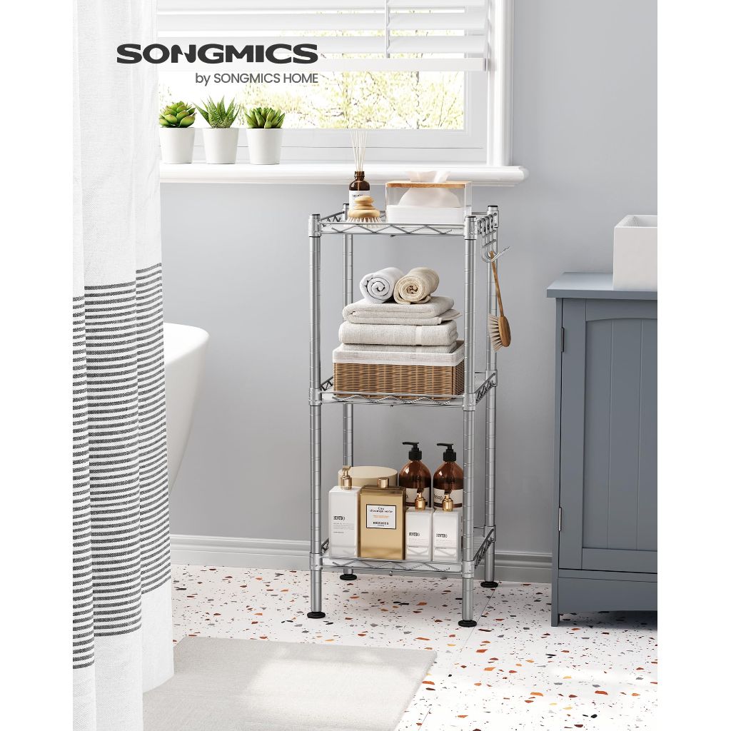 SONGMICS 3-Tier Bathroom Shelf, Storage Rack for Small Space, Silver and Translucent