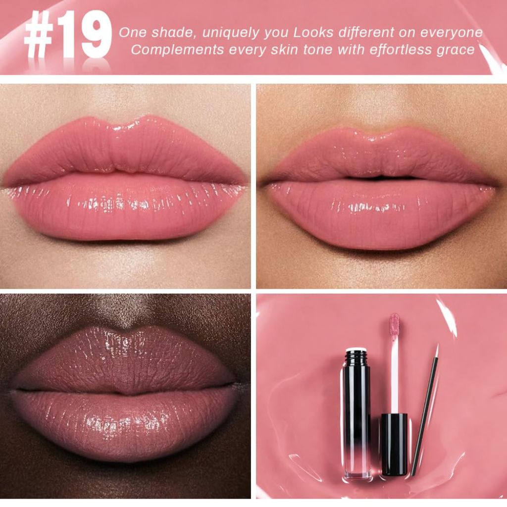 KAELY Nude Pink Shiny Longwear No-Budge Liquid Lip Color Lipstick Makeup, Highly Pigmented Color, #19