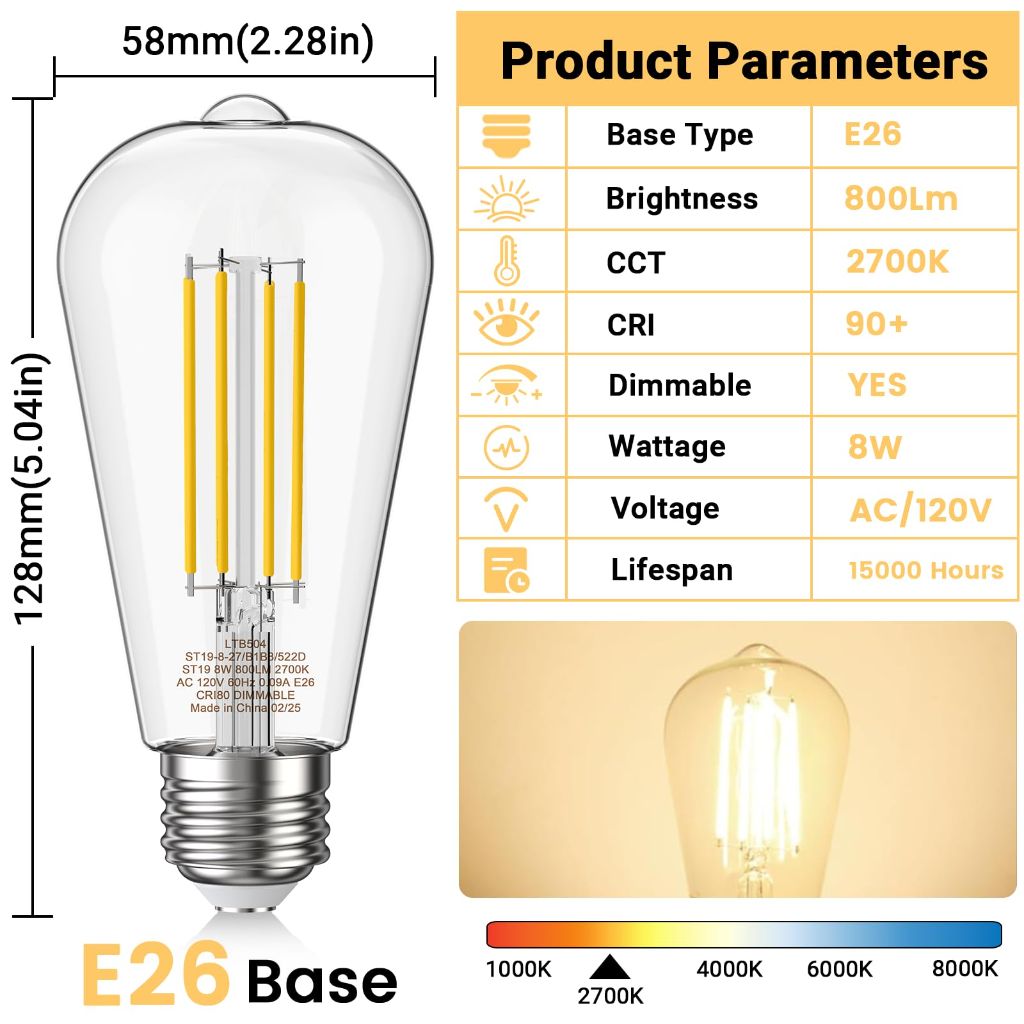 Novapollo Edison Light Bulbs 8W, 80W Equivalent Dimmable Vintage LED Light Bulbs, 800LM E26 Medium Base Soft White 2700K LED Bulb, ST19 90+ CRI LED Bulb, Clear Glass,12 Pack
